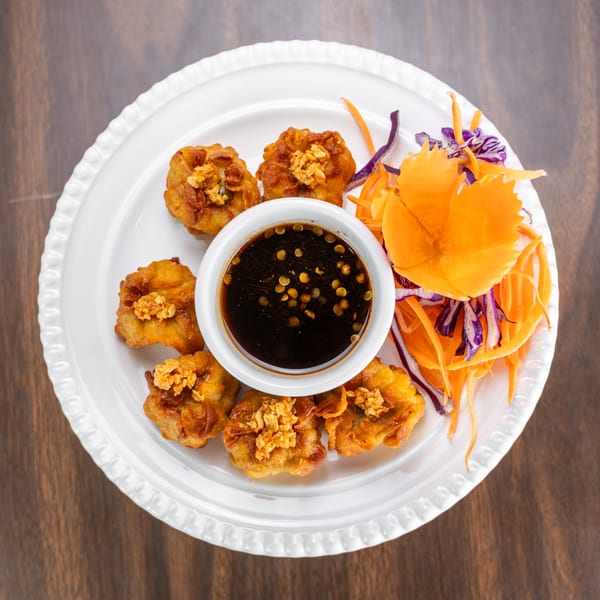 Fried dumplings with crispy garlic, chili dipping sauce, and shredded carrots on a white plate.